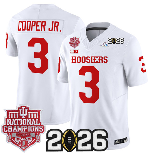 Men & Women & Youth Indiana Hoosiers #3 Omar Cooper Jr. White 2025 National Champions & 2026 CFP Final Patch F.U.S.E. Vapor Limited Stitched Jersey
