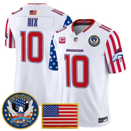 Men's Denver Broncos #10 Bo Nix White America250 Edition F.U.S.E. Vapor Limited V2 Stitched Jersey