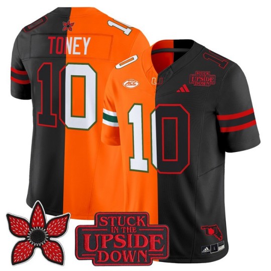 Men's Miami Hurricanes #10 Malachi Toney Split Orange Black 'Upside Down Edition' F.U.S.E. Vapor Limited Stitched Jersey