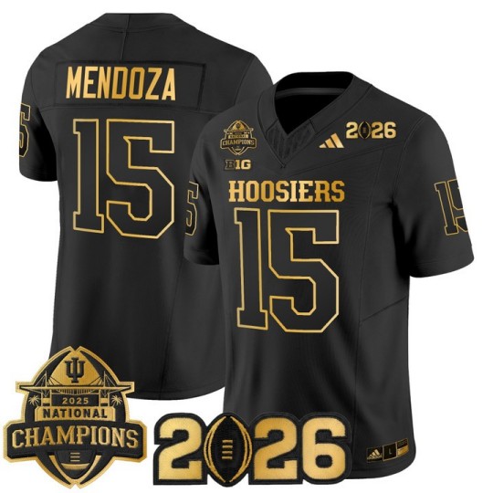 Men's Indiana Hoosiers #15 Fernando Mendoza Black Gold 2025 National Champions & 2026 CFP Final Patch F.U.S.E. F.U.S.E. Vapor Limited Stitched Jersey