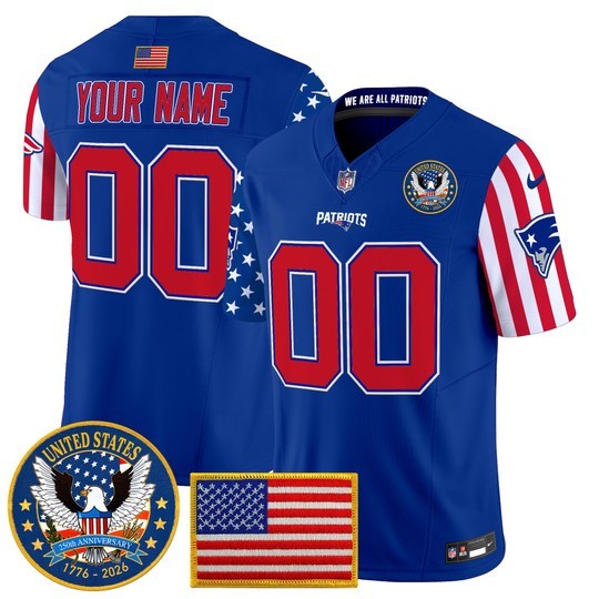 Men's New England Patriots Broncos Custom Royal America250 Edition F.U.S.E. Vapor Limited V2 Stitched Jersey