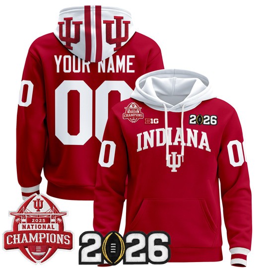 Men's Indiana Hoosiers Custom Crimson 2025 National Champions & 2026 CFP Final Patch Premium V2 Stitched Pullover Hoodie