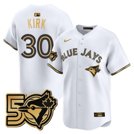 Men's Toronto Blue Jays #30 Alejandro Kirk White Gold 50 Seasons Patch Vapor Limited Limited Stitched Jersey