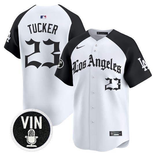 Men's Los Angeles Dodgers #23 Kyle Tucker White Black 'LA Gothic Style' Limited Stitched Baseball Jersey