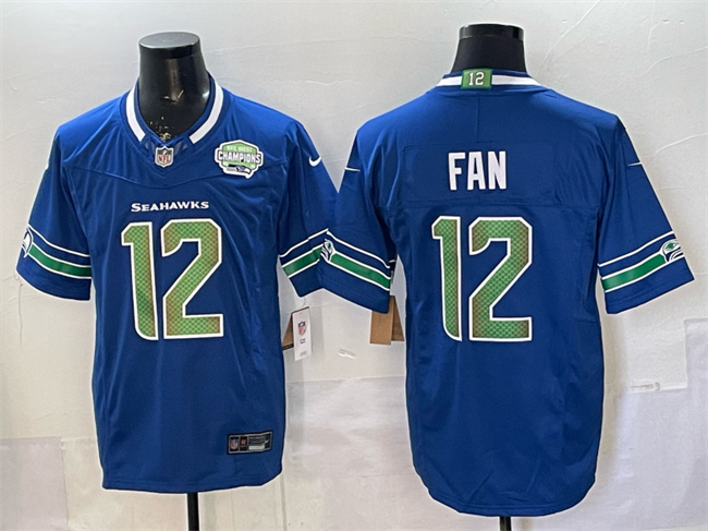 Men's Seattle Seahawks #12 Fan Royal F.U.S.E. 2025 NFC West Champions Patch Limited Stitched Football Jersey