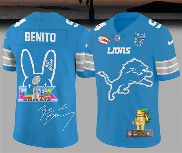 Men's Detroit Lions Blue Bad Bunny Super Bowl LX 60 Football Jersey