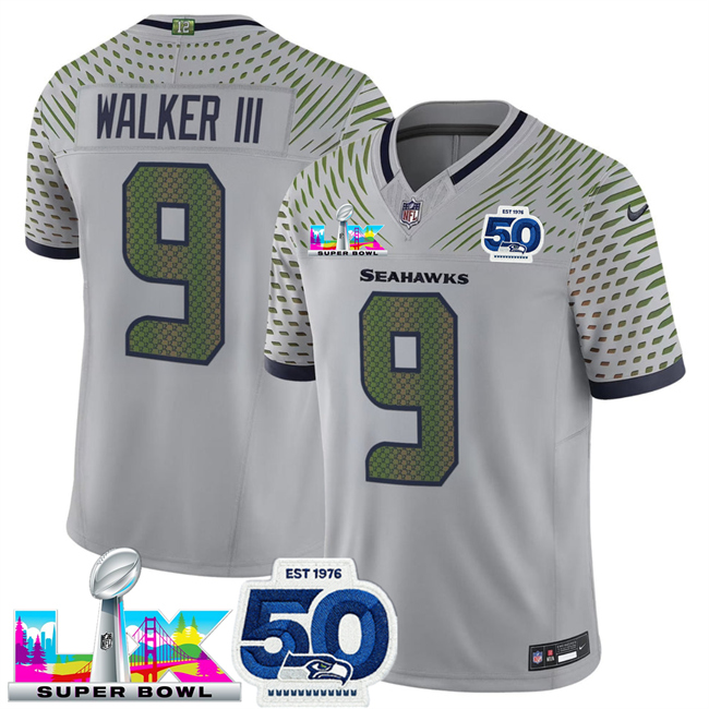 Men's Seattle Seahawks #9 Kenneth Walker III Grey 2025 F.U.S.E. Super Bowl LX Patch And 50th Season Patch “Rivalries” Vapor Limited Stitched Football Jersey