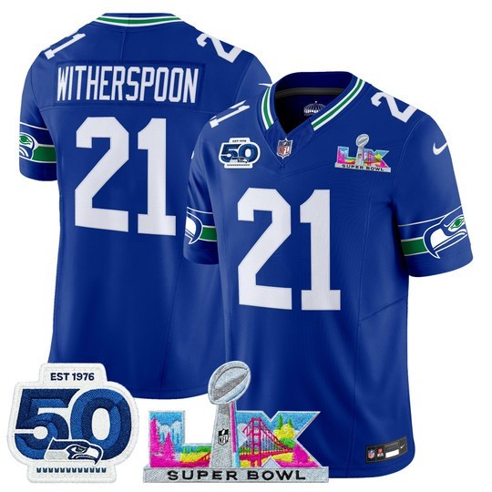 Men's Seattle Seahawks #21 Devon Witherspoon Royal 2025 F.U.S.E. Super Bowl LX Patch And 50th Season Patch Vapor Limited Stitched Football Jersey