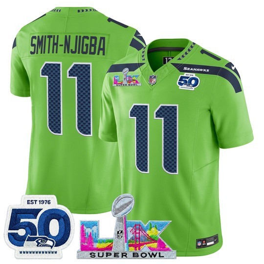 Men's Seattle Seahawks #11 Jaxon Smith-Njigba Green 2025 F.U.S.E. Super Bowl LX Patch And 50th Season Patch Vapor Limited Stitched Football Jersey