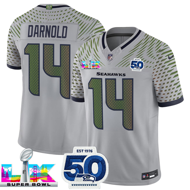 Men's Seattle Seahawks #14 Sam Darnold Grey 2025 F.U.S.E. Super Bowl LX Patch And 50th Season Patch “Rivalries” Vapor Limited Stitched Football Jersey