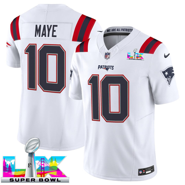 Men's New England Patriots #10 Drake Maye White 2025 F.U.S.E. Super Bowl LX Patch Vapor Limited Stitched Football Jersey