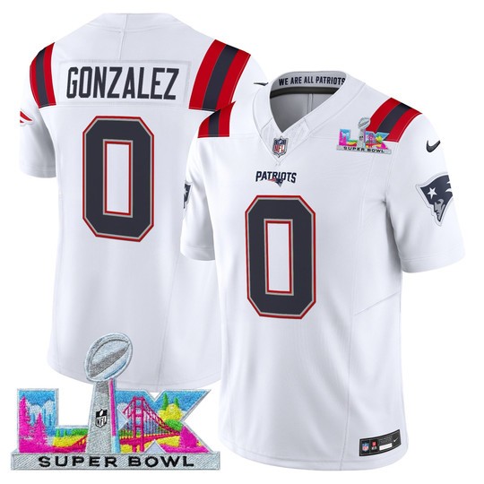 Men's New England Patriots #0 Christian Gonzalez White 2025 F.U.S.E. Super Bowl LX Patch Vapor Limited Stitched Football Jersey
