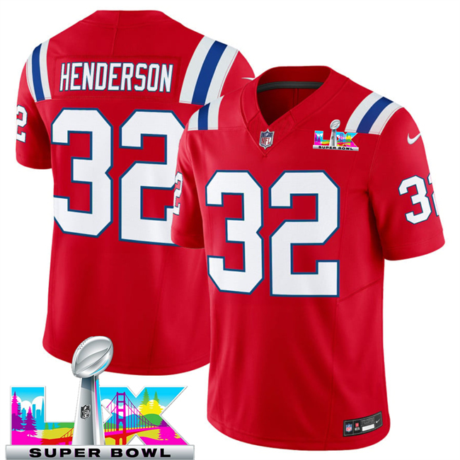 Men's New England Patriots #32 TreVeyon Henderson Red 2025 F.U.S.E. Super Bowl LX Patch Vapor Limited Stitched Football Jersey