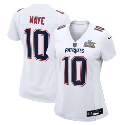 Women's New England Patriots #10 Drake Maye White Nike Super Bowl LX Patch Tundra Fashion Game Stitched Jersey