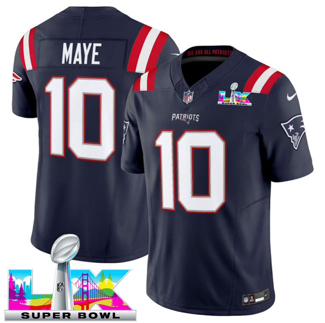 Youth New England Patriots #10 Drake Maye Navy 2025 F.U.S.E. Super Bowl LX Patch Vapor Limited Stitched Football Jersey