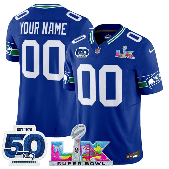 Women's Seattle Seahawks Active Player Custom Royal 2025 F.U.S.E. Super Bowl LX Patch And 50th Season Patch Vapor Throwback Limited Stitched Football Jersey