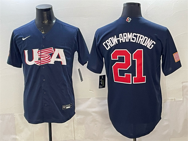 Men's USA Baseball #21 Pete Crow-Armstrong Navy World Baseball Classic Stitched Jersey