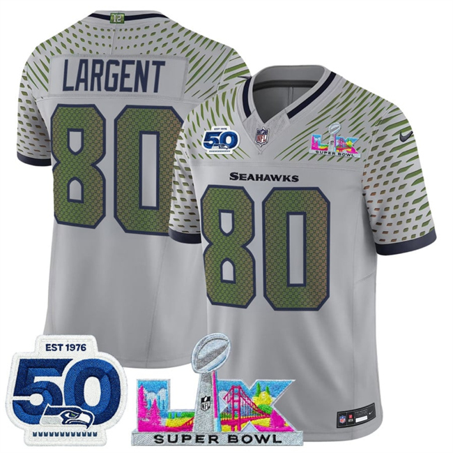 Men's Seattle Seahawks #80 Steve Largent Grey 2025 F.U.S.E. Super Bowl LX Patch And 50th Season Patch “Rivalries” Vapor Limited Stitched Football Jersey