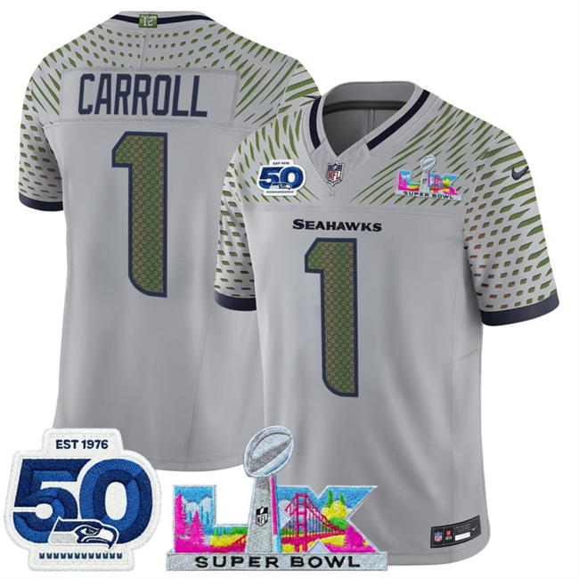 Men's Seattle Seahawks #1 Pete Carroll Grey 2025 F.U.S.E. Super Bowl LX Patch And 50th Season Patch “Rivalries” Vapor Limited Stitched Football Jersey
