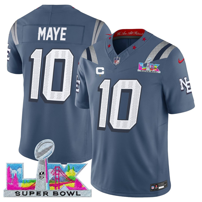 Men's New England Patriots #10 Drake Maye Storm Blue 2026 F.U.S.E. Super Bowl LX Patch And 1-Star C Patch  “Rivalries” Vapor Limited Stitched Football Jersey