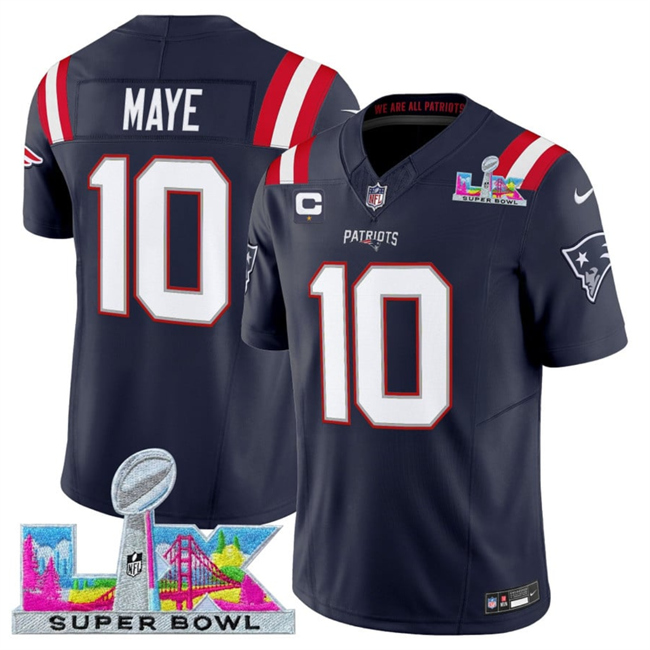 Men's New England Patriots #10 Drake Maye Navy 2026 F.U.S.E. Super Bowl LX Patch And 1-Star C Patch Vapor Limited Stitched Football Jersey
