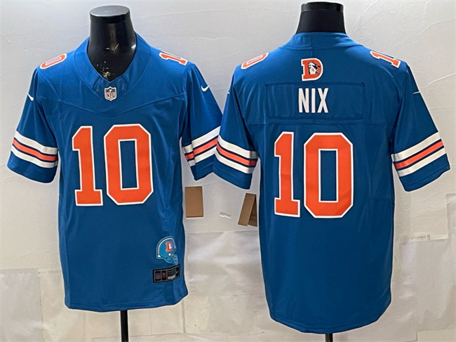 Men's Denver Broncos #10 Bo Nix Blue F.U.S.E. With Patch Throwback Vapor Limited Stitched Football Jersey