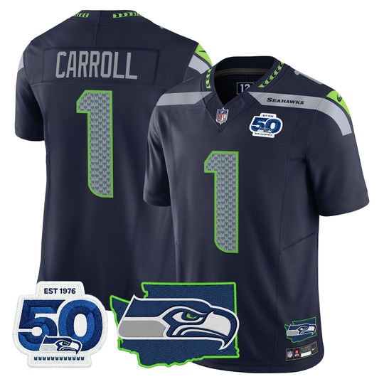 Men's Seattle Seahawks #1 Pete Carroll College Navy F.U.S.E. 50th Anniversary & State Team Patch Vapor Limited Stitched Jersey