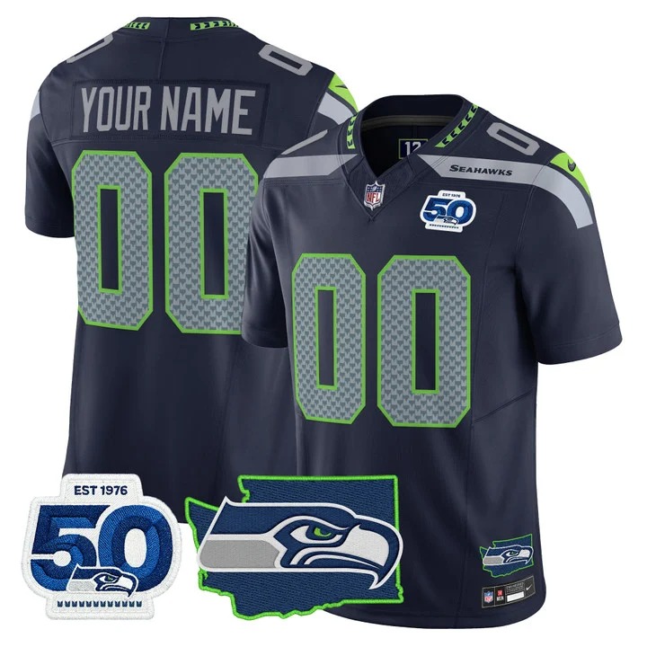 Seattle Seahawks Custom College Navy F.U.S.E. 50th Anniversary & State Team Patch Vapor Limited Stitched Jersey