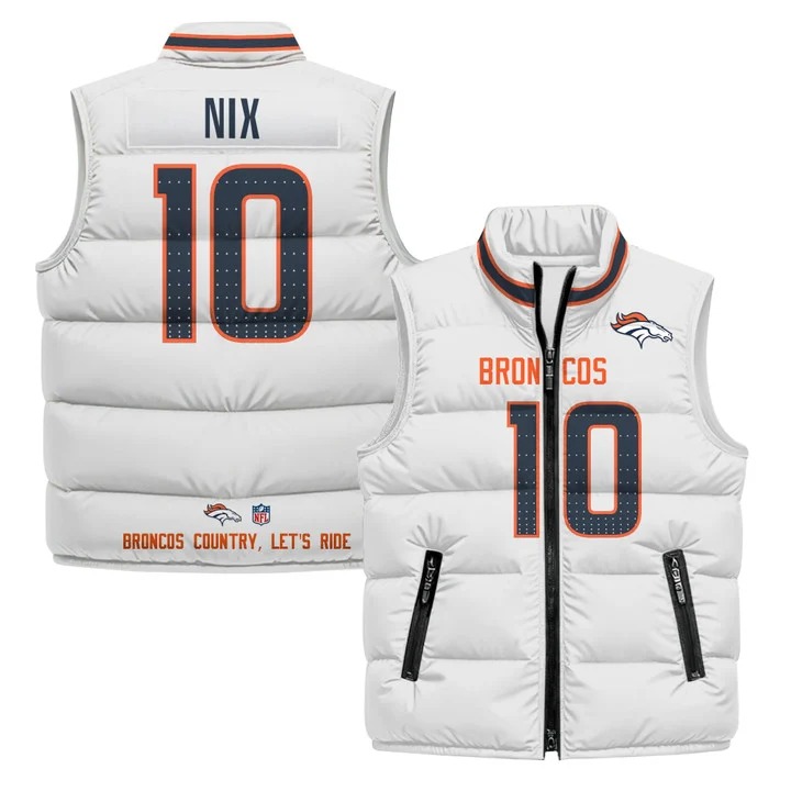 Men's Denver Broncos Custom White 2025 Printed Puffer Vest