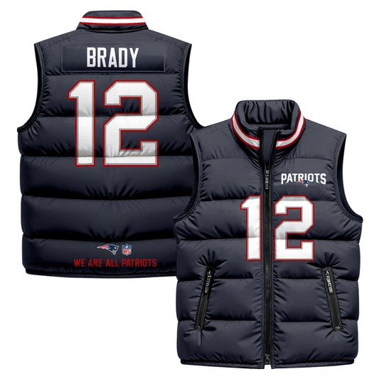 Men's New England Patriots #12 Tom Brady Navy 2025 Printed Puffer Vest