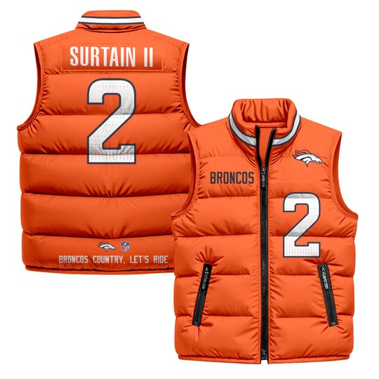 Men's Denver Broncos #2 Patrick Surtain II Orange 2025 Printed Puffer Vest
