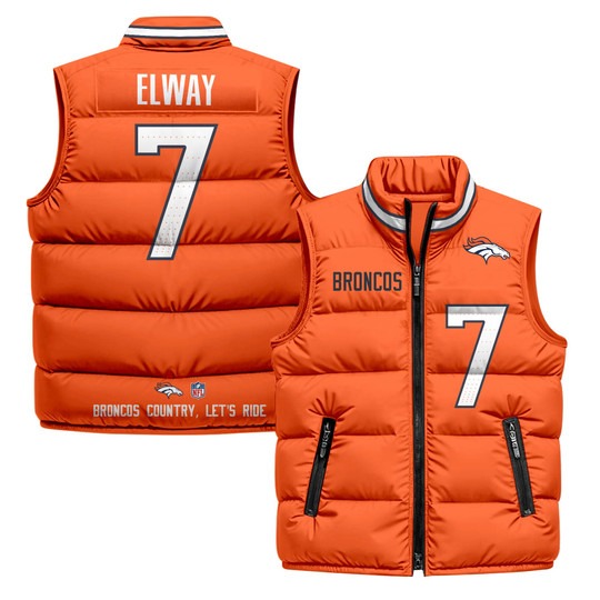 Men's Denver Broncos #7 John Elway Orange 2025 Printed Puffer Vest
