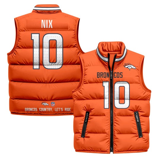 Men's Denver Broncos #10 Bo Nix Orange 2025 Printed Puffer Vest