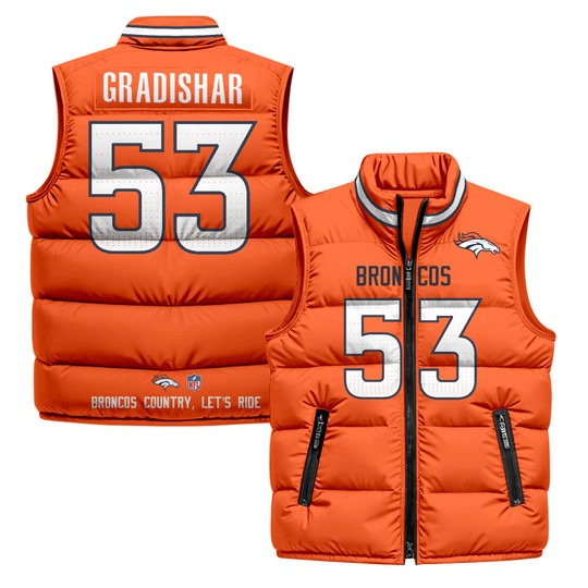 Men's Denver Broncos #53 Randy Gradishar Orange 2025 Printed Puffer Vest