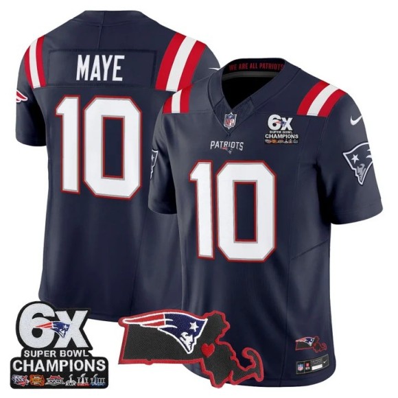 Men's New England Patriots #10 Drake Maye Navy F.U.S.E. 6-Time Champions & Massachusetts Patch Vapor Limited Stitched Jersey