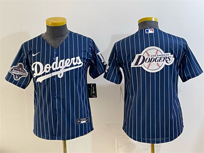 Youth Los Angeles Dodgers Team Big Logo Navy Pinstripe 2025 World Series Champions Patch Cool Base Stitched Baseball Jersey