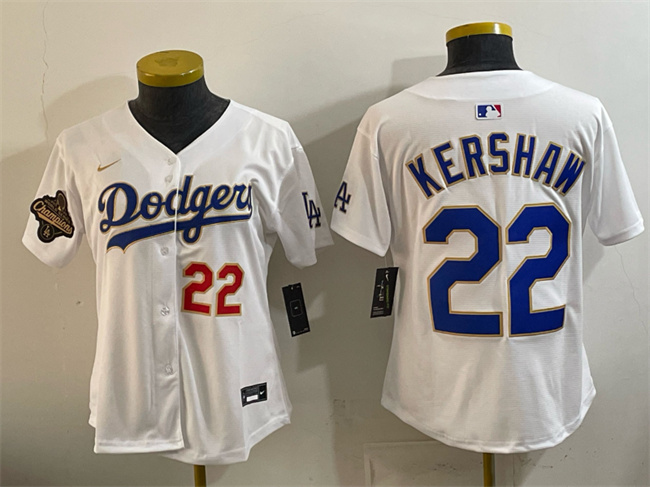Women's Los Angeles Dodgers #22 Clayton Kershaw White 2025 World Series Champions Patch Limited Stitched Baseball Jersey(Run Small)