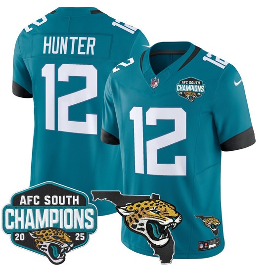Men's Jacksonville Jaguars #12 Travis Hunter Teal 2025 AFC South Division Champions & Florida Patch F.U.S.E. Vapor Stitched Jersey