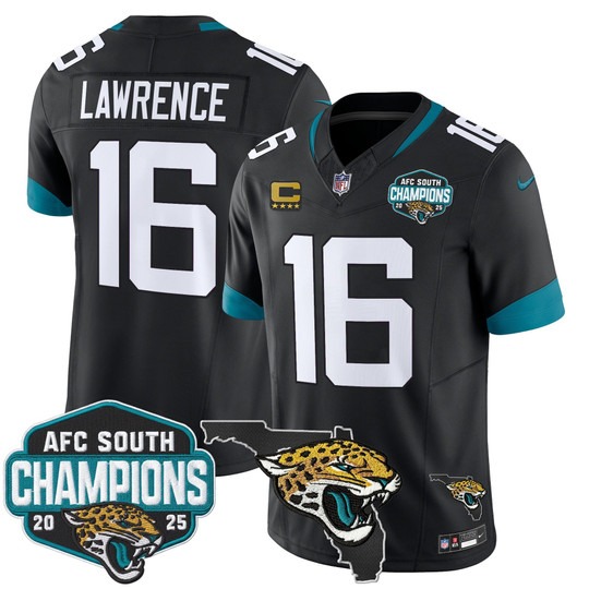 Men's Jacksonville Jaguars #16 Trevor Lawrence Black 2025 AFC South Division Champions & Florida Patch F.U.S.E. Vapor Stitched Jersey