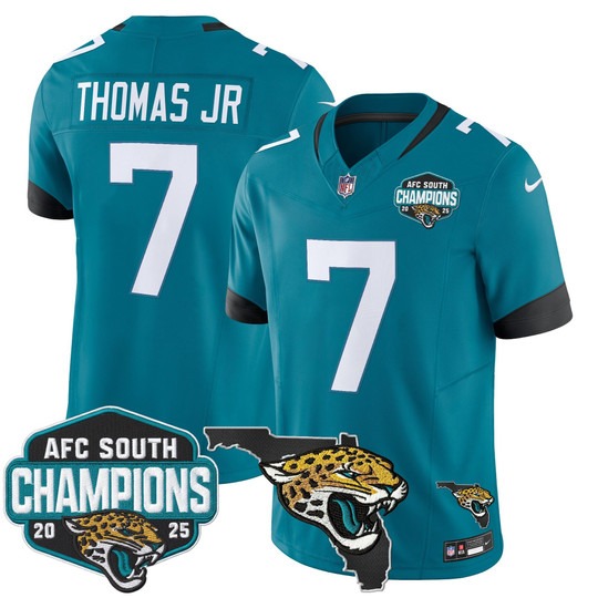 Men's Jacksonville Jaguars #7 Brian Thomas Jr. Teal 2025 AFC South Division Champions & Florida Patch F.U.S.E. Vapor Stitched Jersey