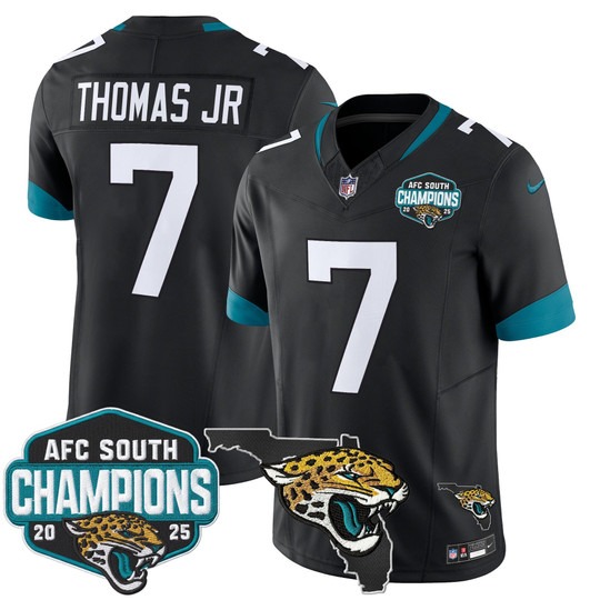 Men's Jacksonville Jaguars #7 Brian Thomas Jr. Black 2025 AFC South Division Champions & Florida Patch F.U.S.E. Vapor Stitched Jersey