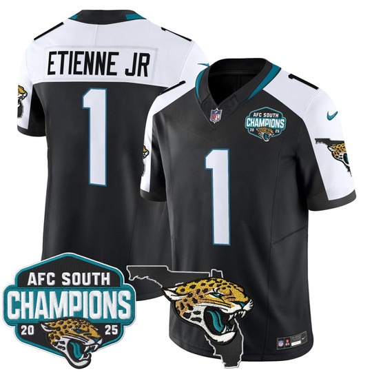 Men's Jacksonville Jaguars #1 Travis Etienne Jr. Black White 2025 AFC South Division Champions & Florida Patch F.U.S.E. Vapor Stitched Jersey