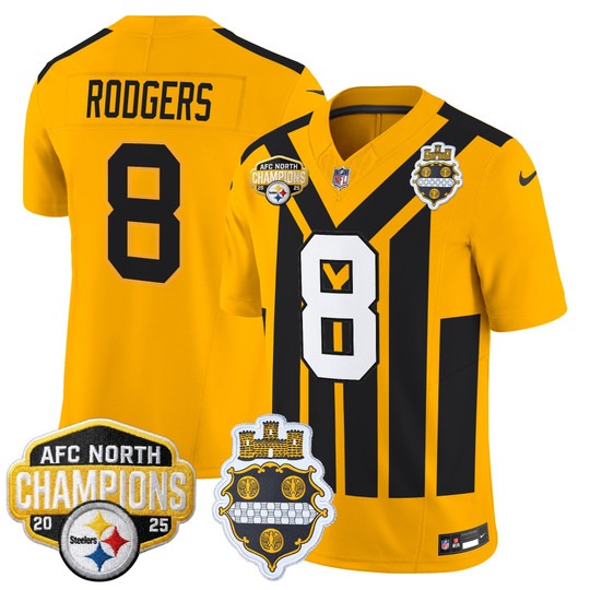 Men's Pittsburgh Steelers #8 Aaron Rodgers Gold 1933 Throwback 2025 AFC North Division Champions F.U.S.E. Vapor Limited Stitched Jersey