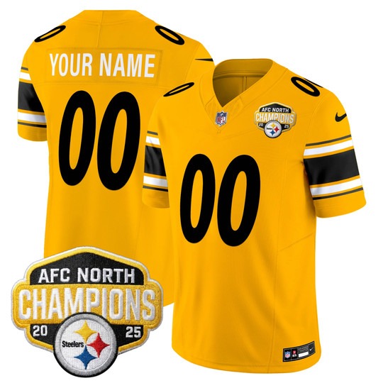 Men's Pittsburgh Steelers Custom Gold 2025 AFC North Division Champions F.U.S.E. Vapor Limited Stitched Jersey