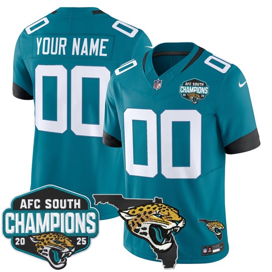Men's Jacksonville Jaguars Custom Teal 2025 AFC South Division Champions & Florida Patch F.U.S.E. Vapor Stitched Jersey