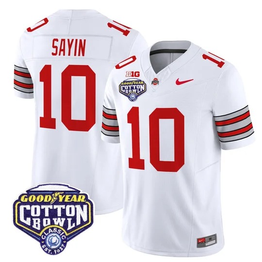 Men's Ohio State Buckeyes #10 Julian Sayin White 'Heritage Stripe' 2025 Cotton Bowl Patch F.U.S.E. Vapor Limited Stitched Jersey