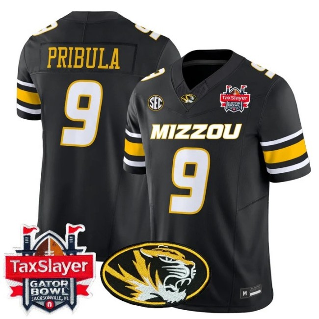Men's Missouri Tigers #9 Beau Pribula Black Gator Bowl F.U.S.E. 2025 Vapor Limited Stitched Jersey