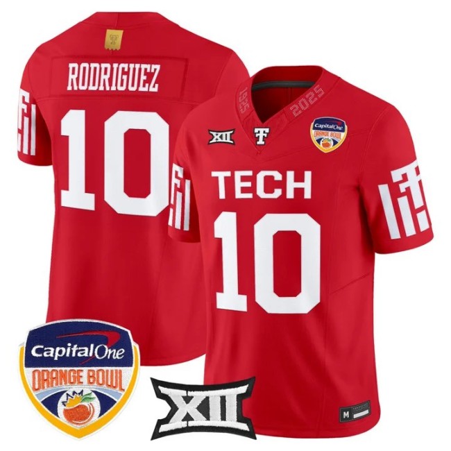 Men's Texas Tech Red Raiders #10 Jacob Rodriguez Red Orange Bowl F.U.S.E. 2025 Vapor Limited Stitched Jersey