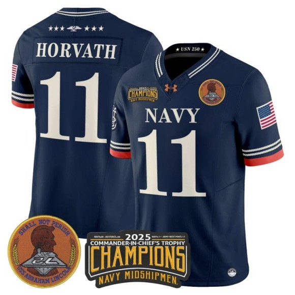 Men's Navy Midshipmen #11 Blake Horvath Navy 250th Anniversary 2025 Commander-In-Chief's Trophy Champions Patch F.U.S.E. Vapor Limited Stitched Jersey