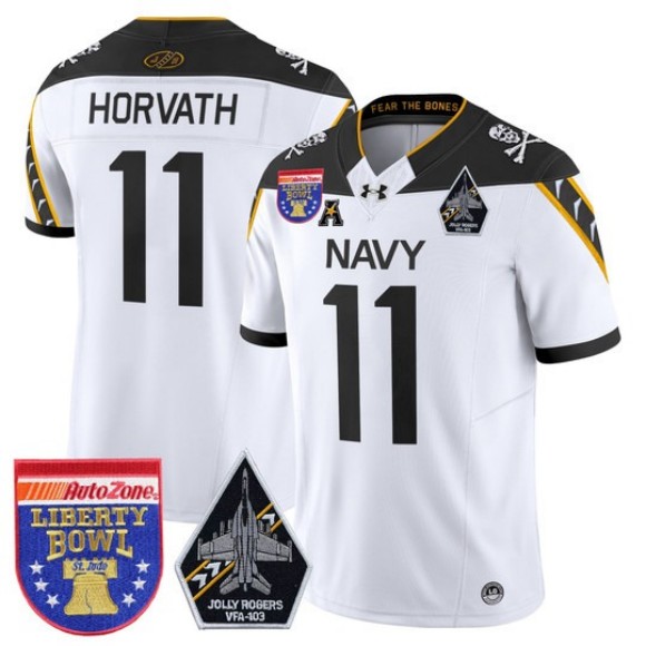 Men's Navy Midshipmen #11 Blake Horvath White 'Jolly Rogers Edition' 2026 Liberty Bowl Patch F.U.S.E. Vapor Limited Stitched Jersey